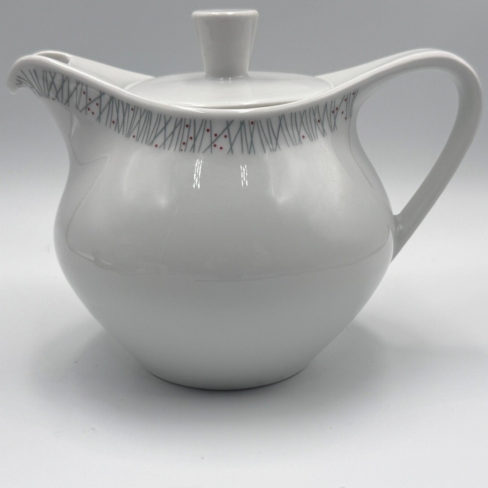 Vintage Schonwald Mid Century Modern White Porcelain Teapot Germany Gray Red